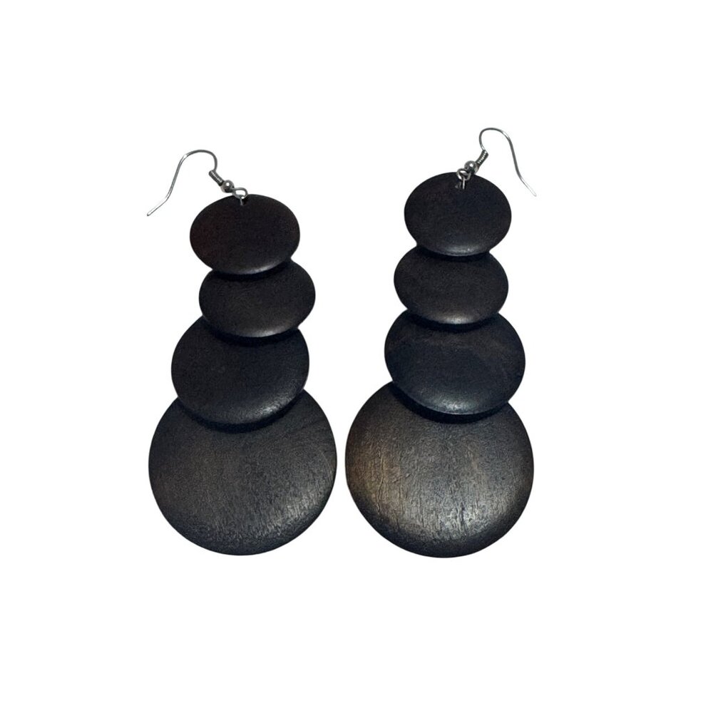 Wood Dangle Earrings Multi-Tiered Dark Brown Lightweight Bohemian Statement - Picture 3 of 5